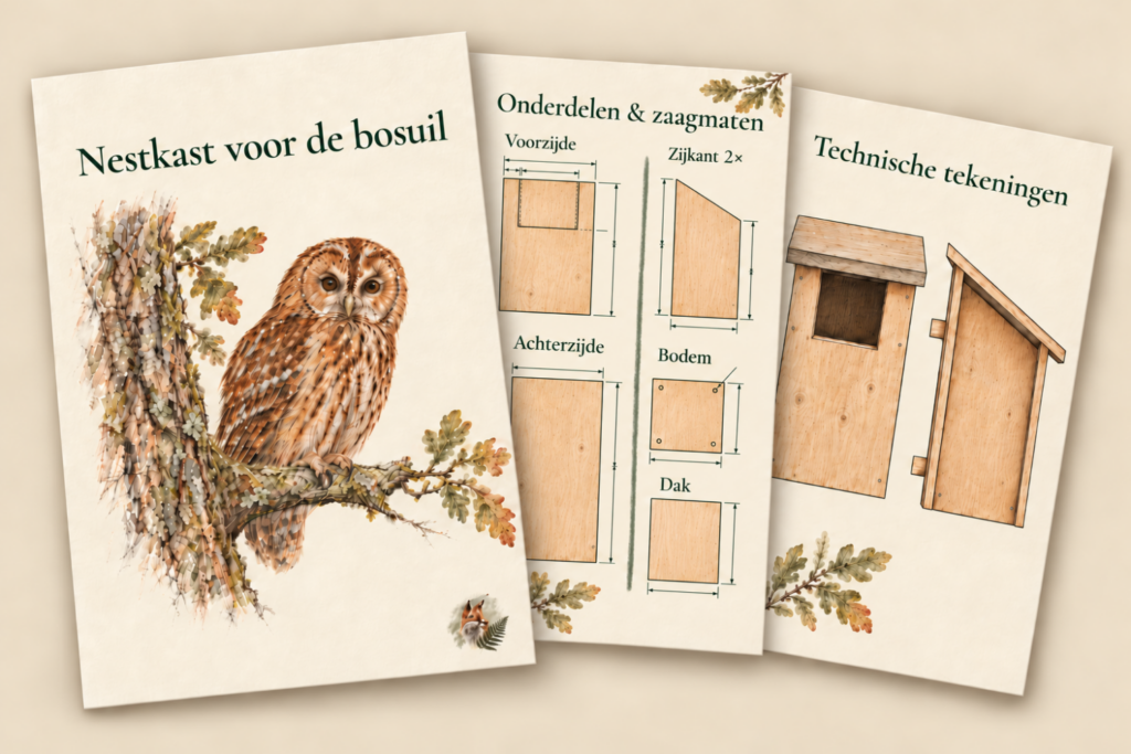 Pagina's van het bouwplan nestkast bosuil van de Natuur van hier.