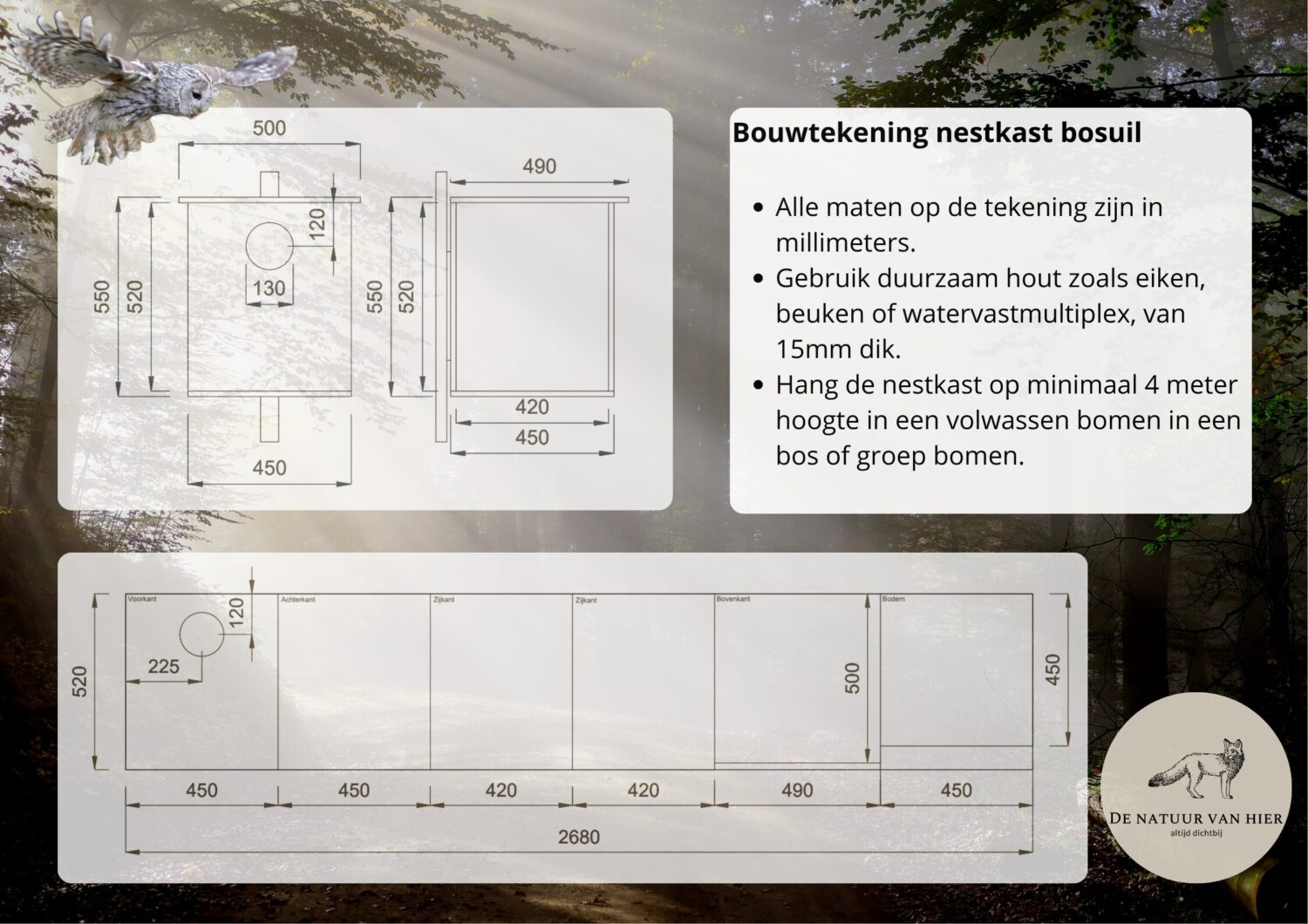 bouwtekening nestkast bosuil met afmetingen en zaagschema (De Natuur van hier)